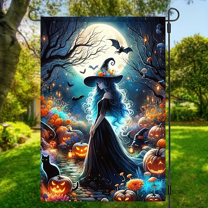 Halloween Witch Garden Flags,Witch Best Friend Black Cat Halloween Yard Flag,Holiday Patio Yard Outdoor Party Decor 12x18 Inch Double Sided