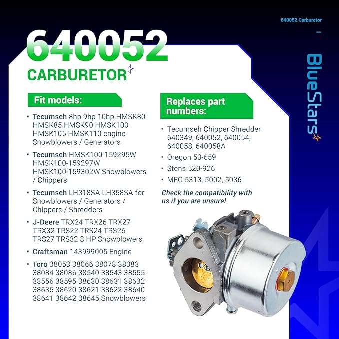BlueStars 640052 Carburetor - Compatible with Tecumseh HMSK80 HMSK85 HMSK90 HMSK100 HSMK110 LH318A LH358SA 8HP 9HP 10HP Snowblower Generator Chipper Shredder 640054 640349 640058 640058A 50-659