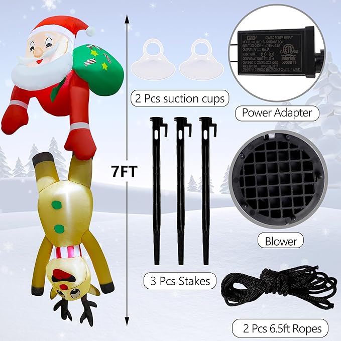 DR.DUDU 7 FT Christmas Inflatable Outdoor Decorations, Blow Up Santa Claus with Reindeer Hanging Xmas Inflatables Decor with LED Lights for Yard Lawn Porch Garden Holiday Party