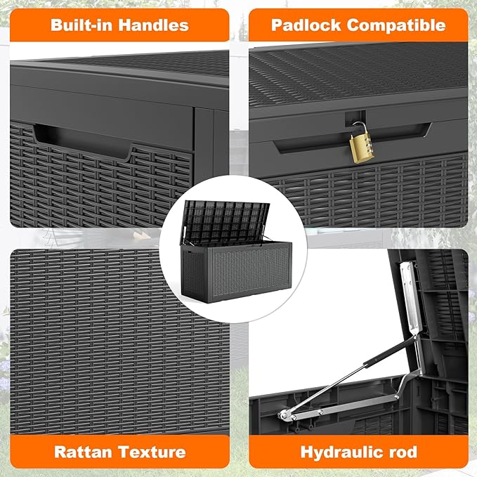 120 Gallon Resin Deck Box, Lockable Patio Outdoor Storage Box for Furniture, Garden Tools and Tools Storage, Waterproof Outside Storage Boxes - Black