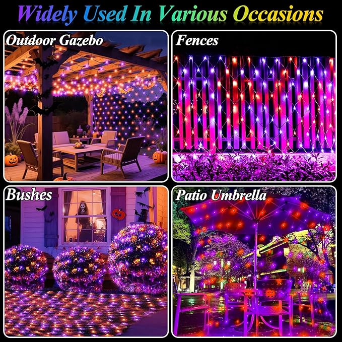 300LED Net Lights Halloween Decorations, 14.8ft x 5ft Outdoor Mesh Lights 8 Modes & Timer, Connectable Waterproof Christmas Light for Bushes Xmas Tree Party Garden Lawn, Purple Orange