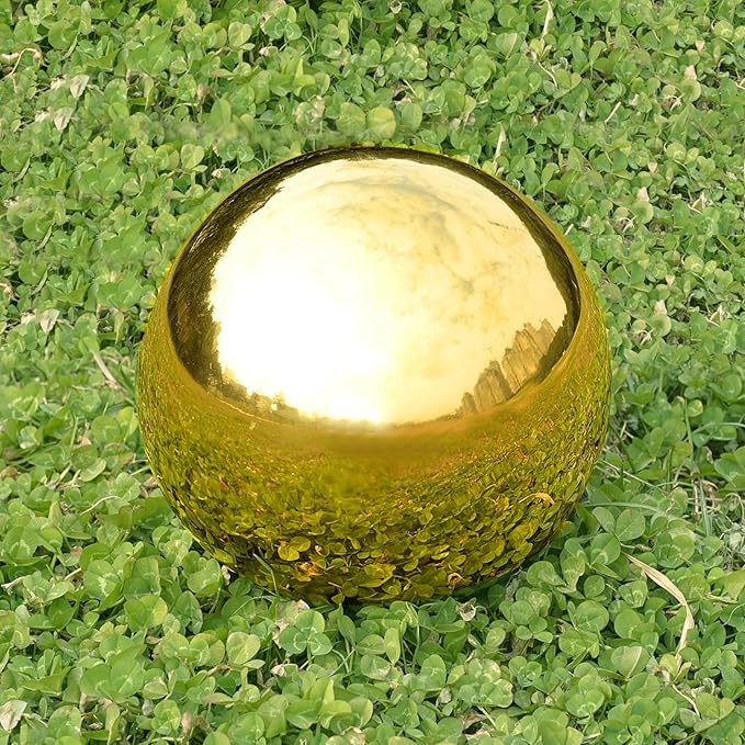Nerien 8 Inch Gazing Ball, Stainless Steel Garden Mirror Globe, Polished Ornament Sphere, Hollow Floating Reflective Hemisphere, for Home Outdoor Pond Housewarming Swimming Pool Decoration, Gold