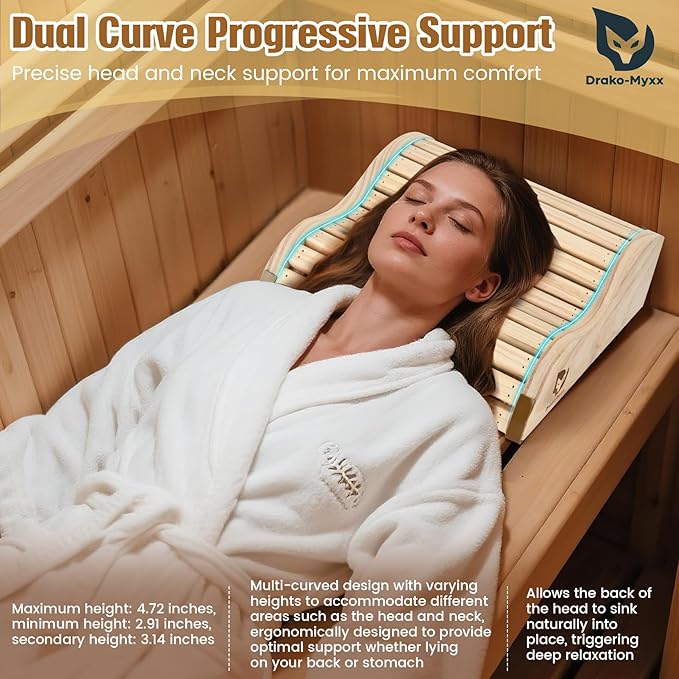 2025 Upgraded Handmade Cedar Sauna Headrest with 4 Non-Slip Pads, Sauna Accessory, Ergonomic Neck Support, Modern Sauna Neck Rest for Infrared Saunas, Handcrafted Relaxation Wood Pillows, Head Pillow