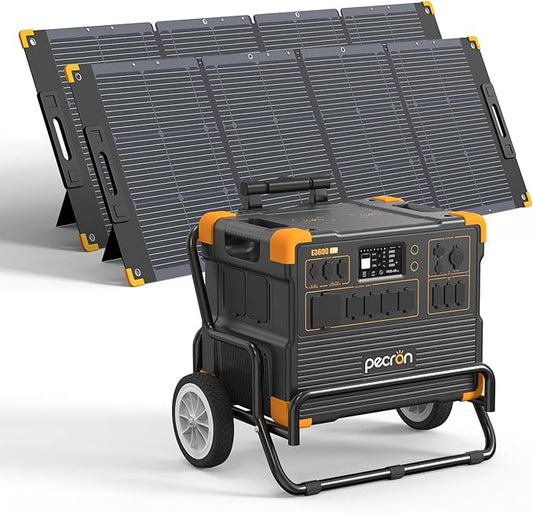 pecron E3600LFP Solar Generator 3072Wh with 2x300W Solar Panels Trolley Kit, 5x3600W AC Outlets Portable Power Station, LiFePO4 Battery Backup Expanded to 15.36KWh, Power Station for Home Use, Camping