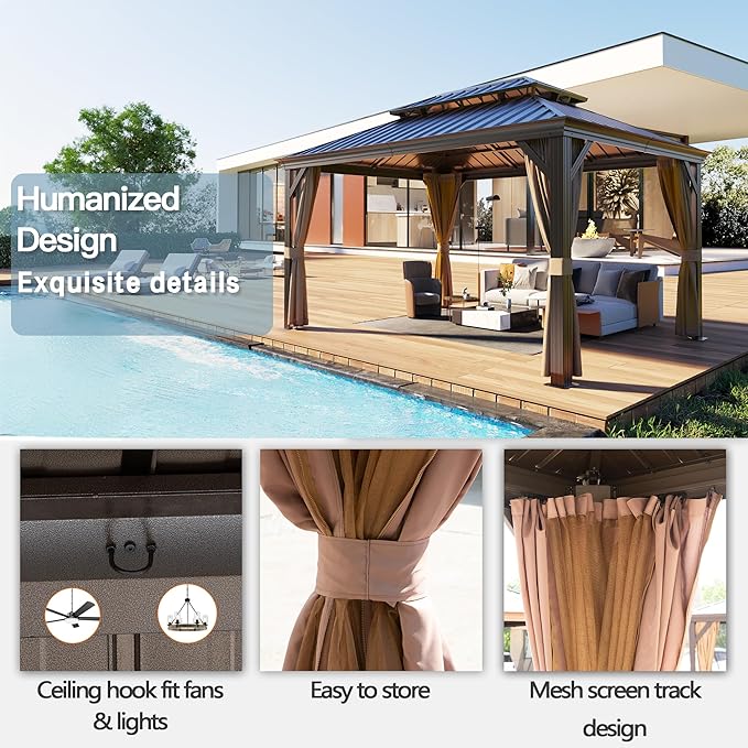 12' x 16' Outdoor Hardtop Gazebo Aluminum Frame with Double Metal Roof, Canopy Netting, Curtain, Patio Permanent Galvanized Steel Gazebo for Backyard, Garden, Party, Deck, Lawn