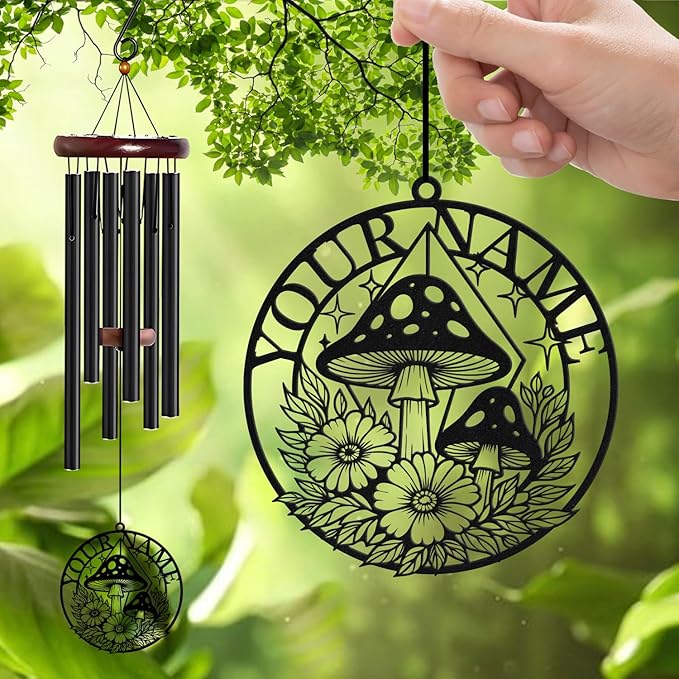 Personalized Customize Name Fantasy Mushroom Wonderland Wind Chime, Metal Iron 37 Inch Outdoor Memorial Gift for Garden Yard Patio Home Decor, Black (Style I)