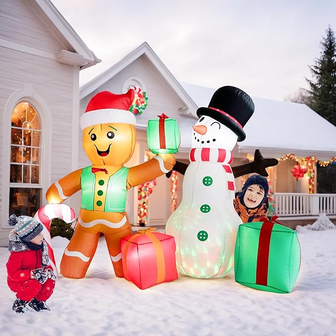 COOLWUFAN 6 FT Christmas Decorations Outdoor Inflatables Gingerbread Man Snowman Blow Up Yard Decor, Outdoor Inflatables Decorations with Rotating LED Light for Garden Patio Lawn Holiday Party Xmas