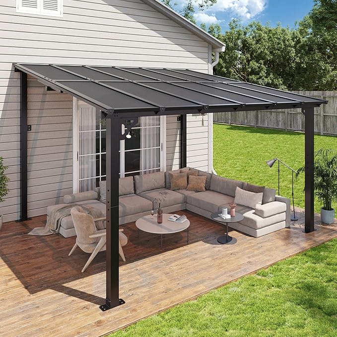 Aoxun 10’x 12’ Premium Gazebo with Aluminum Top Frame & Polycarbonate Panel, Wall Mounted Gazebos Pergola, Outdoor Patio Lean to Gazebo, Awnings with Sloped Roof, for Backyard, Porch, Deck