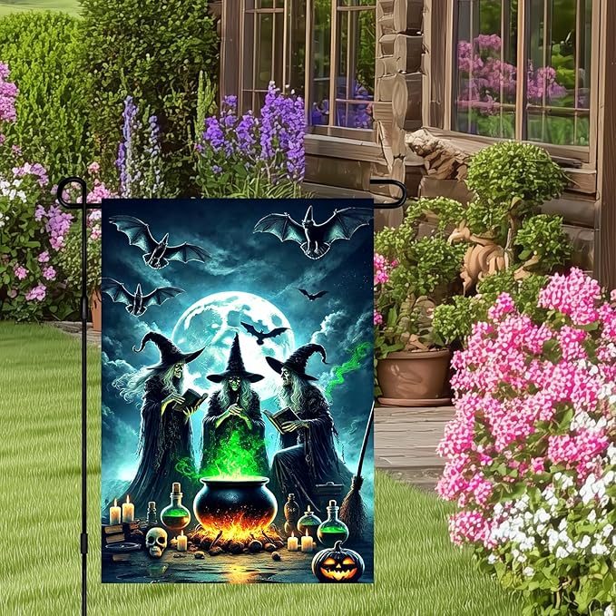 Halloween Witch Garden Flag Spooky Yard Banner Full Moon Bats Cauldron And Three Witches Double Sided 12x18 Outdoor House Flag For Lawn Porch Halloween Decoration Scary Seasonal Yard Sign