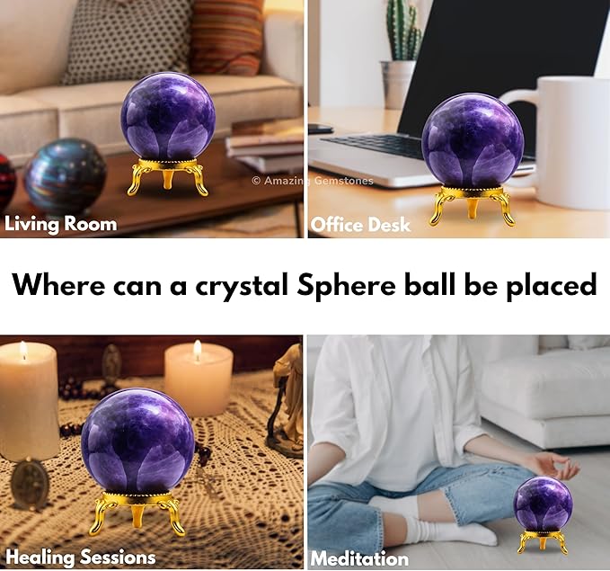 Amazing Gemstone Amethyst Crystal Ball with Stand - 2" Inches Crystal Sphere Meditation Balls for Witchcraft and Decorative Balls