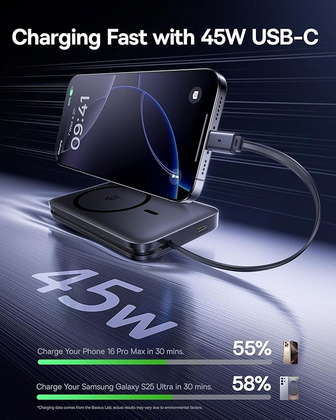 Baseus Picogo Qi2.2 25W Magsafe Portable Charger Power Bank 10000mAh 45W, with Built-in Cable USB-C Fast Charging for iPhone 17/16/15/14/13 Pro Max/Galaxy S25 / Pixel 10 Pro Black