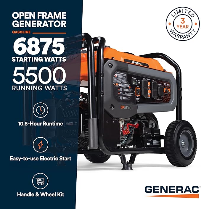 Generac 6,875 Starting Watt Portable Gas Generator - Electric Start - Home Backup or RV Ready - Heavy Duty Frame - Quiet, Long Runtime, Emergency Power - 50-State Compliant