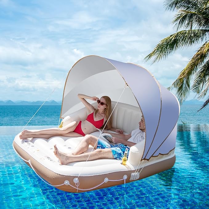 Moccha Inflatable Island with Canopy - 440 lbs Party Floats with SPF50+ Retractable Detachable Sunshade & 3 Pillows, 2-3 Person Tanning Lounger, 73” Pool Daybed, Floating Island for Lake