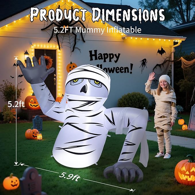 Dawdix 5.2FT Halloween Inflatable Groundbreaker Mummy Outdoor Decorations, Blow Up Yard Decoration Inflatable Mummy with Built-in LEDs for Halloween Party Indoor Outdoor Yard Garden Lawn Decor