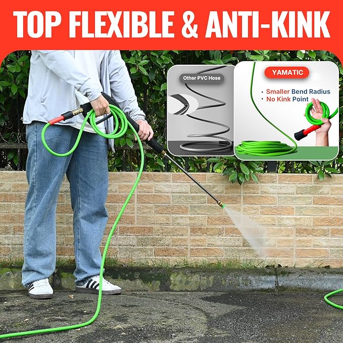 YAMATIC Pressure Washer Gun and Hose, 25 FT Flexible Hose with Stainless Steel Extension Power Washer Wand, 3/8" Swivel Quick Connect & M22-14mm Adapter Replacement for Ryobi Simpson Honda (Green)