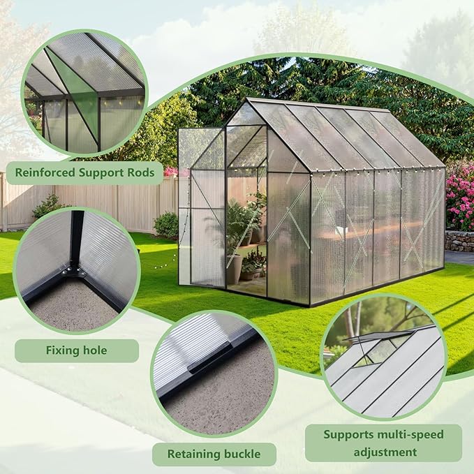 6X10 FT Greenhouse for Outdoors, Heavy Duty Polycarbonate Greenhouses, Large Walk-in Greenhouse with Roof Vent, Aluminum Hot House for Garden & Backyard