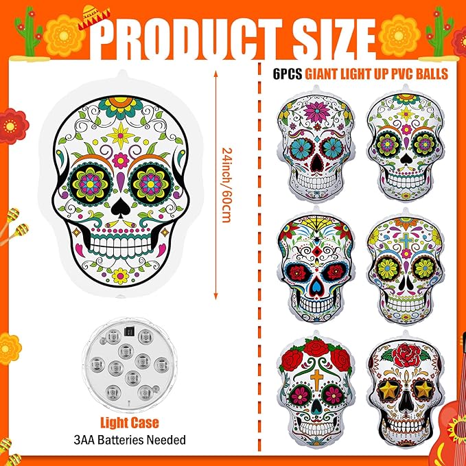 Jetec 6 Pcs 24 Inch Halloween Inflatable Sugar Skull Halloween Inflatable Blow Up Decorations Dia De Los Muertos Day of The Dead PVC Giant Sugar Skulls with LED Light for Mexican Fiesta Party Yard