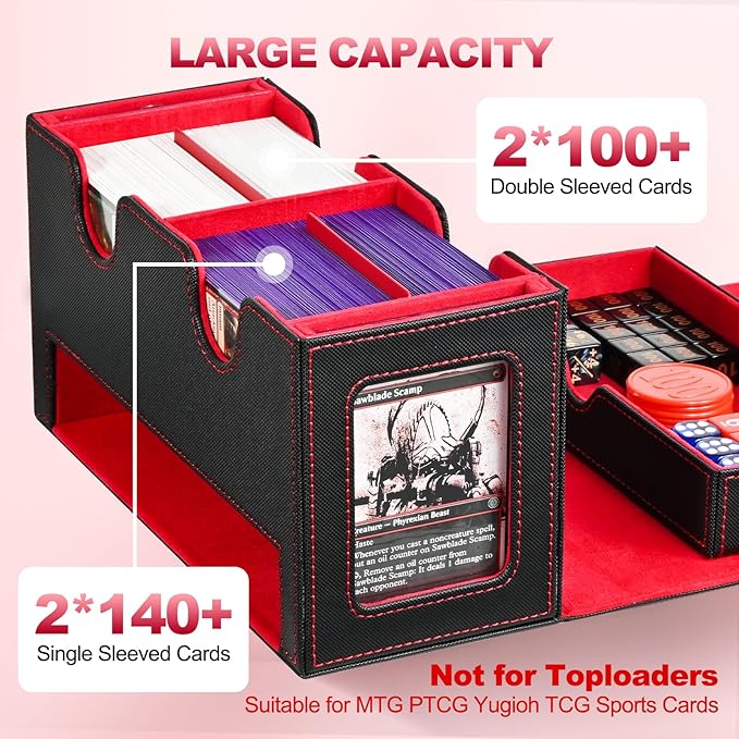 Card Deck Box for MTG, Double Card Storage Box with 2 Commander Display & 1 Dice Tray, Fits 200+ Double Sleeved Cards, Card Organizer for CCG TCG Sports Cards (Black Red)