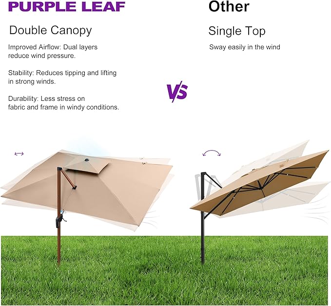 PURPLE LEAF 10ft Patio Umbrella Outdoor Square Umbrellas Large Cantilever Umbrella Windproof Offset Umbrellas Heavy Duty Sun Umbrella for Garden Deck Pool Patio, Beige