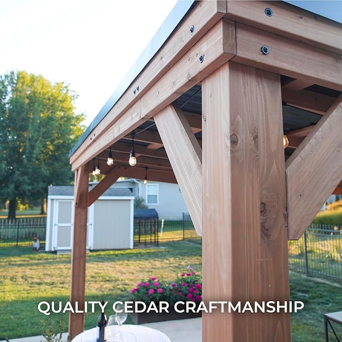Backyard Discovery Arcadia 14' x 12' Cedar Wood Outdoor Gazebo Pavilion with Hardtop Galvanized Steel Slope Roof, Snow Support, Wind Resistance, PowerPort, Shade for Garden, Patio, Deck, Entertaining