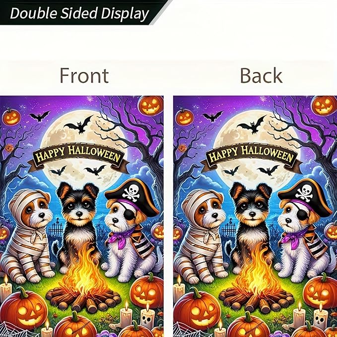 Happy Halloween Garden Flag Double Sided 12x18 Flag With Cute Dogs In Piratedogs Mummy Pirate Campfire Jack-O'-Lanterns Full Moon Garden Flag Outdoor Home Decor Lawn Event Party Supplies