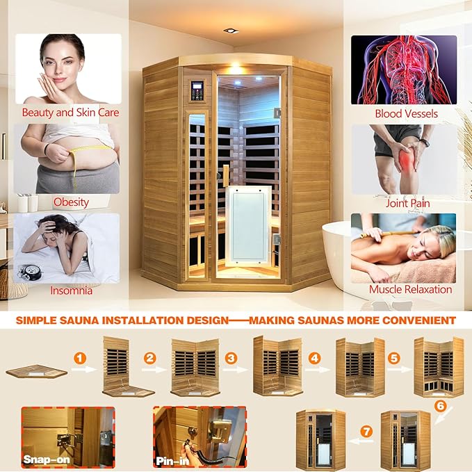 2-3 Person Corner Far Infrared Sauna for Home, 1760W Ultra-Low EMF（0-1mG） Indoor Red Cedar Wood Sauna Room with 8 Heating Panels, Dual Control Panel, Bluetooth Speaker & Chromotherapy Lights