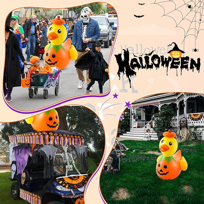 Hungdao 4ft Halloween Inflatable Pumpkin Duck Halloween Golf Cart Decorations Kit PVC Blow Ups Pumpkin Duck Tinsel Garlands Tinsel Streamers Fan Flag, Reusable Outdoor Decoration for Parade Yard