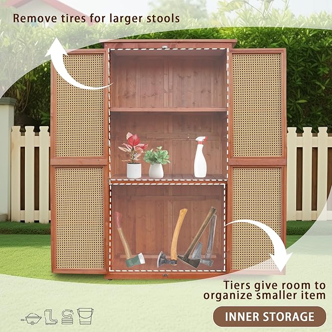 60 Inches Outdoor Storage Shed, Wood Shed with Rattan Indoor Storage Cabinet with Floor, Adjustable Shelves for Patio, Garden,Lawn and Living Room, Brown