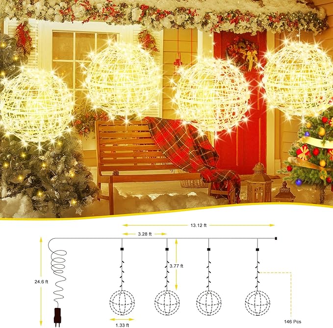 Christmas String Lights Outdoors,4 Pack 15.74" Sphere Lights,Ball Tree Garden Globe Lights for Home, Party, Christmas, Porch Patio,Wedding, Garden,Tree Decoration with Plug