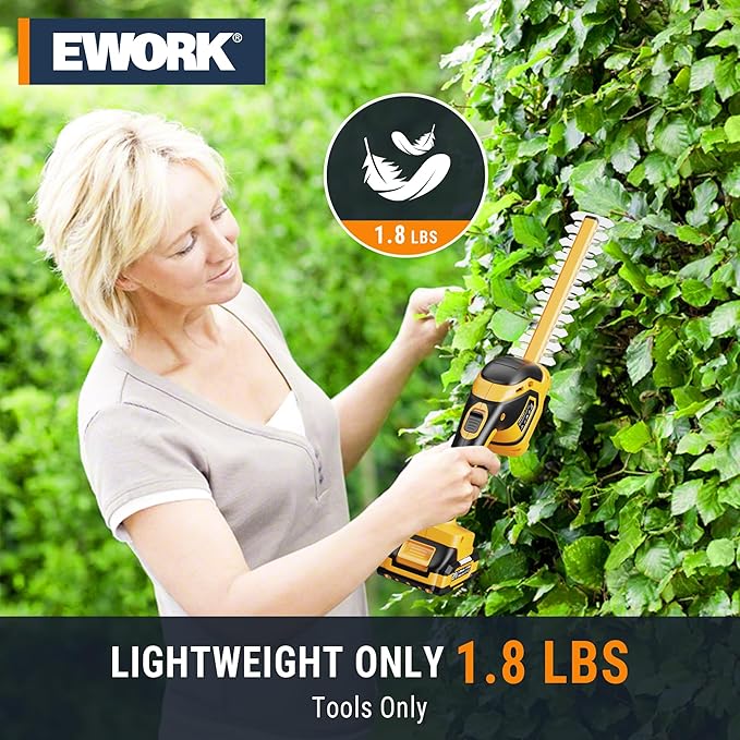 EWORK 21V Cordless Hedge Trimmer & Grass Shears 2-in-1 Handheld Small Electric Bush Trimmer with 2x2.0Ah Battery and Charger, Battery Powered Shrub Trimmer for Garden, Yard, Lawn Maintenance