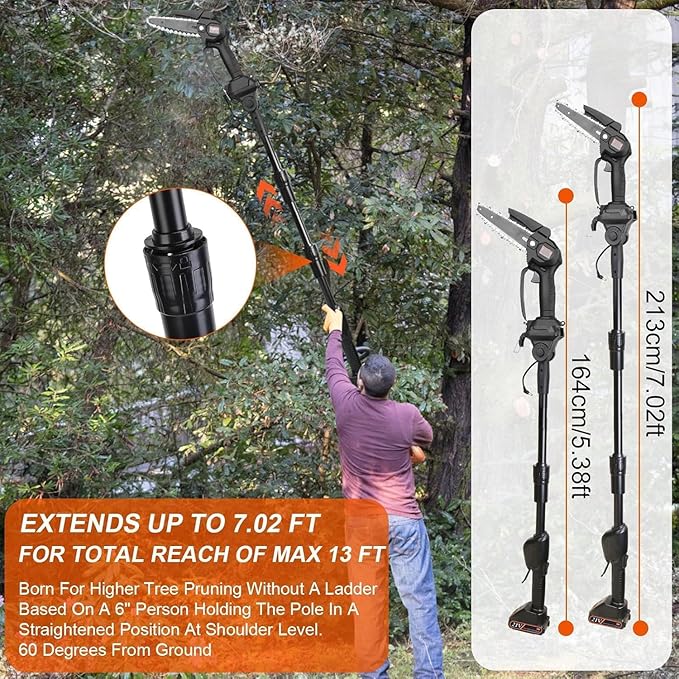 2-in-1 Cordless Pole Saw & 6 Inch/4 Inch Mini Chainsaw, Electric Pole Saw for Tree Trimming with 2x 21V 3.0Ah Batteries & Charger, Battery Powered Pole Chainsaw for Wood Cutting,13FT Max Reach