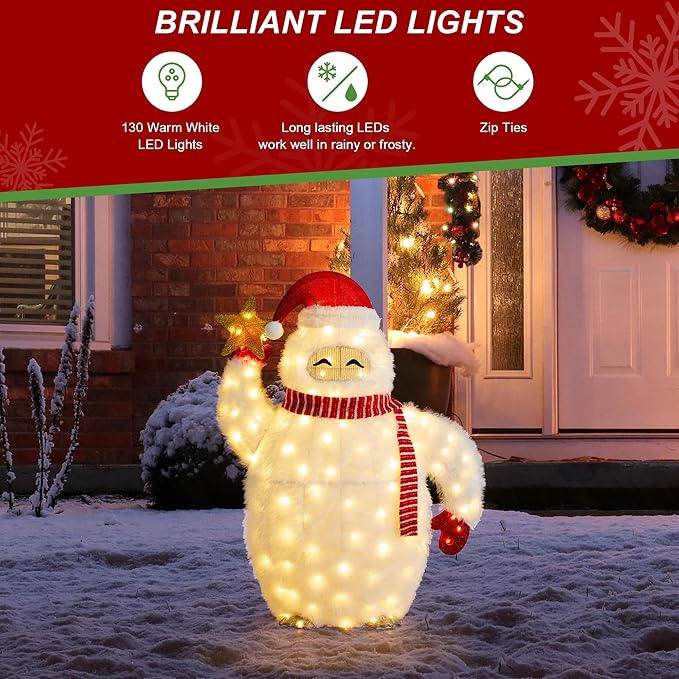 Glitzhome 3.5FT Lighted Christmas Snow Monster Decor, Large White Outdoor 3D Christmas Holiday Fabric Yeti Decoration w/ 130 LED Lights, for Xmas Lighted Holiday Display Indoor Outdoor
