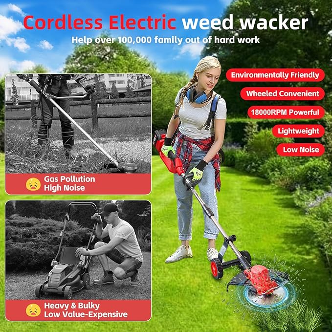 20000 RPM Electric Weed Wacker with Wheel, 3-in-1 Brushless Brush Cutter/String Trimmer/Grass Trimmer/Lawn Mower, 9" Cordless Weed Eater Battery Powered, 2 * 2000mAh Battery, 4 Blade and Charger