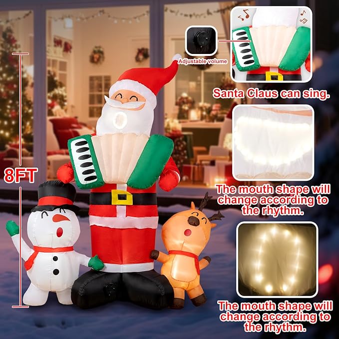 8ft Christmas Inflatable Outdoor Decorations, Blow up Yard Decor with Santa Claus Plays The Accordion and Sings with The Snowman and The Elk, Bright LED Lights Christmas Outdoor Decorations