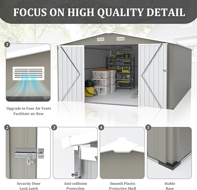 10x14 FT Outdoor Metal Storage Shed with Lockable Door, Steel Garden Utility Shed with Vents, Backyard Patio Tool Shed for Lawn Equipment, Bike, Firewood and Mower Storage, Light Gray