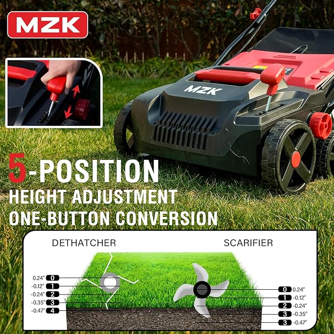 MZK 15-inch 2-in-1 Electric Dethatcher and Scarifier w/Removeable 5-Position Height Adjustment,Lawn dethatcher w/12-Gallon Thatch Collection Bag,Keep Lawn Health,(DS15A06)