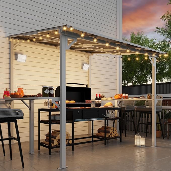 MEISSALIVVE 8' x 8' Wall Mounted Gazebo, Outdoor BBQ Grill Gazebo with Side Shelf, Lean to Metal Awnings with Sloped Roof, Heavy Duty Pergola for Backyard, Deck, White