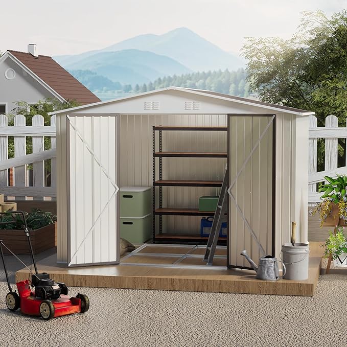 10x8 FT Outdoor Storage Shed with Foundation,Metal Aluminum Tool Sheds,Heavy-Duty Sheds with Sloped Roof, Air Vent and Hinge Doors,Garden Shed Bike Shed for Backyard Patio Lawn,Cream White