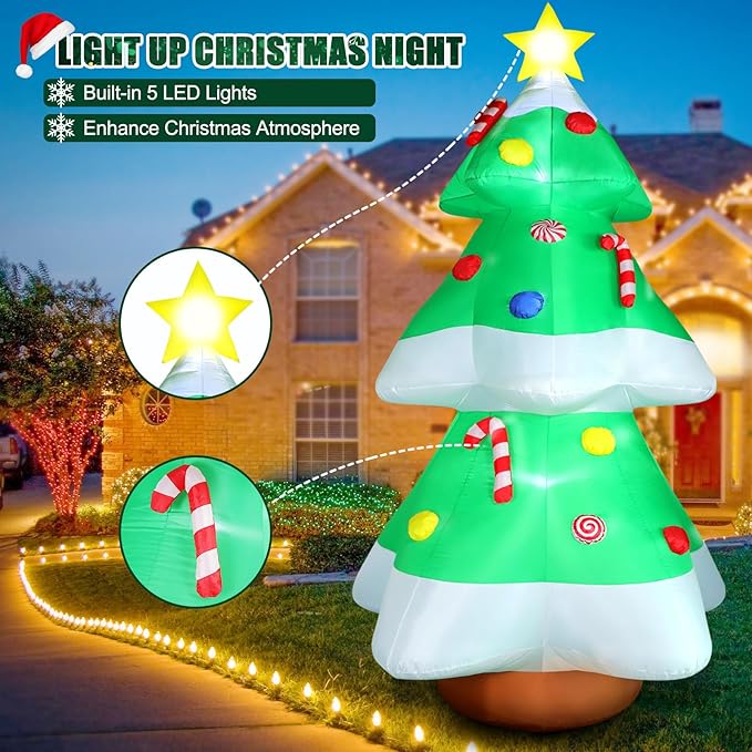 FunFanso 10FT Christmas Tree Inflatables Outdoor Decorations with LED Lights, Giant Blow Up Christmas Tree Yard Decor with Star Treetop & Colorful Candy for Xmas Holiday Party Garden Patio Lawn Decor