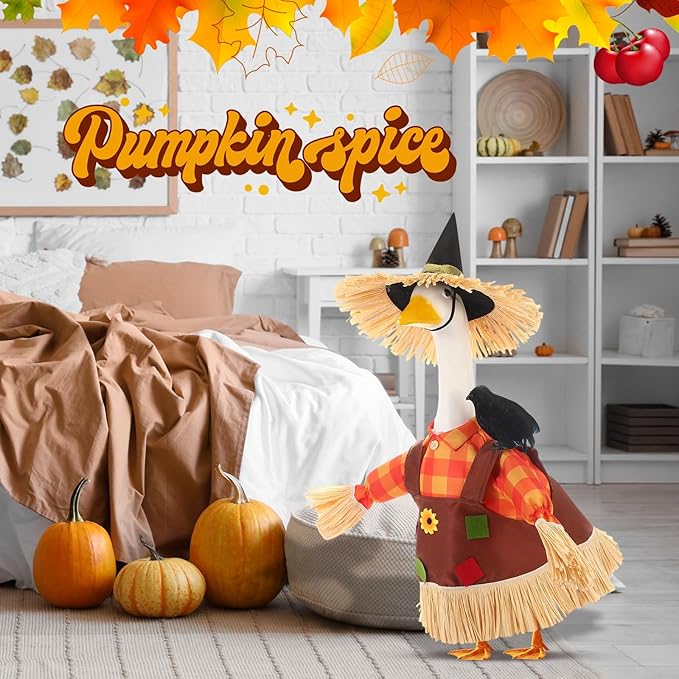 3 Pcs Thanksgiving Scarecrow Porch Goose Outfits for 23 Inch Lawn Statue Goose Design with Hat Thanksgiving Day Fall Garden Patio Yard Outdoor Party Decorations(Female Scarecrow)