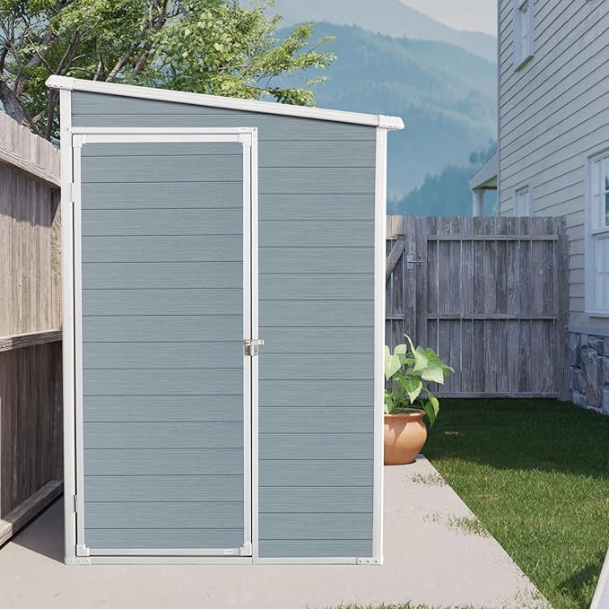 LANTRO JS Storage Sheds Outdoor with Floor, Plastic Shed, 4x8FT Lean to Shed with Two Windows, Lockable Doors for Garden Tools