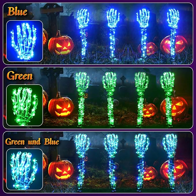 Halloween Lighted Skeleton Hands Set, 4 Pack Light Up Skeleton Arm Stakes, 4 x 3m 240 LED Green & Blue Lights with 3 Modes, Realistic Halloween Yard Outdoor Decorations Graveyard Garden