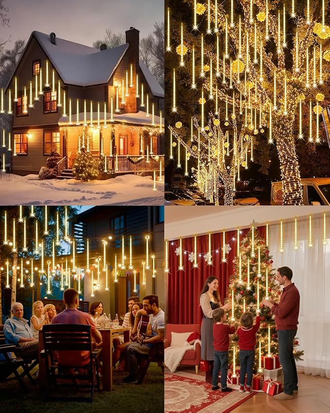 PEMOTech Christmas Lights Outdoor, 16 Tubes 40cm 576 Led Meteor Shower Lights, Waterproof Christmas Decorations Icicle Light for Xmas Tree Halloween Party, Ul Plug,Warm White