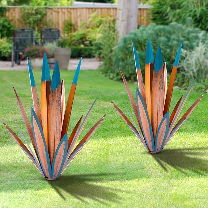 TOMBABY Large Leaf Thickened Metal Agave Plant Outdoor Decoration Desert Courtyard Art Plant Garden Decoration Outdoor Metal Art Floral Gift (1, Blue)