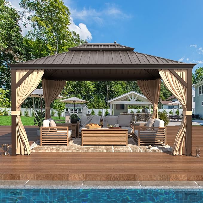 YOLENY 10' x 12' Hardtop Gazebo with Double Galvanized Steel Roof, Pergolas Aluminum Frame, Curtains and Netting Included, Metal Outdoor Gazebos for Patios, Garden, Lawns, Parties