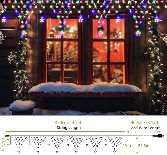 Christmas Lights Outdoor Decorations 218 LED 13.8ft Curtain Fairy Lights with 12 Drops, Clear Wire LED String Light Decor with 8 Modes for Wedding Party Holiday Christmas Home Indoor Outdoor Decor