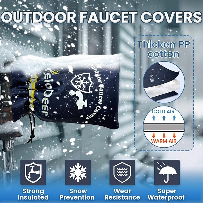 Outdoor Faucet Cover for Winter, Yelodeer 7.1" W X 10.7" H Upgraded Thicken Spigot Pipe Covers, Reusable Waterproof Oxford Faucet Sock, Hose Bib Covers for Winter Insulated Freeze Protection