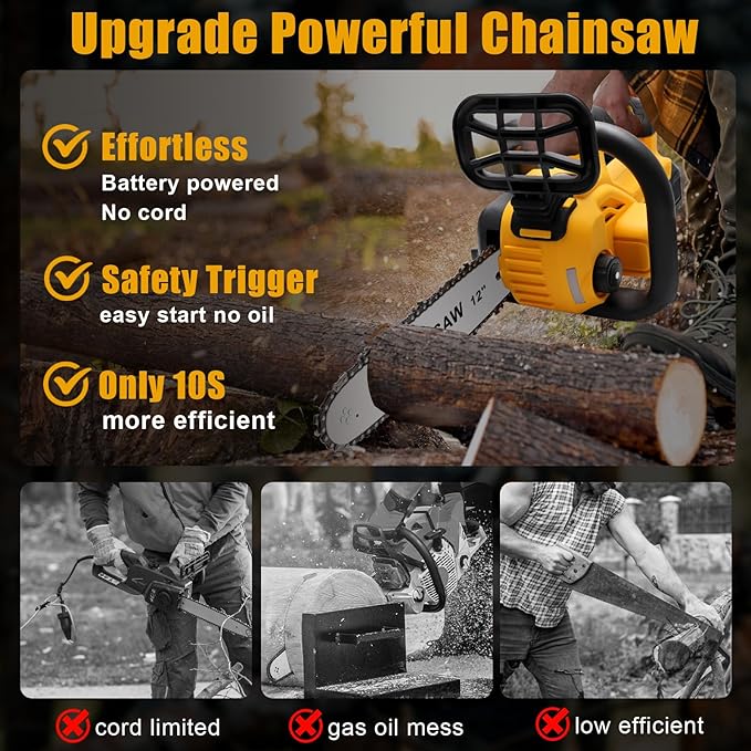 Chainsaw Cordless, 12 Inch Electric Chain Saw, Handheld Brushless Chainsaws with Tool-free Chain Tension & Auto Lubrication, 4000mah*2 Battery (12 Inch Chainsaw)