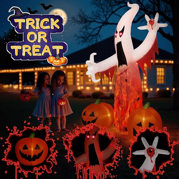 8FT Halloween Inflatables Ghost Decorations with Built-in LED Lights,Blow Up Scary Red Eye Pumpkin for Outdoor Halloween Party Garden Lawn Holiday Decor