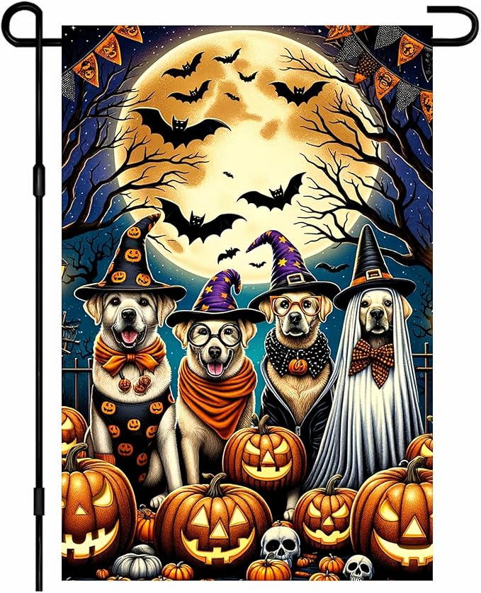 Halloween Garden Flag 12x18 Inch Dog Costume Party Flag Double Sided Spooky Pumpkin Yard Banner Outdoor Decoration for Porch Lawn Patio Seasonal Decor